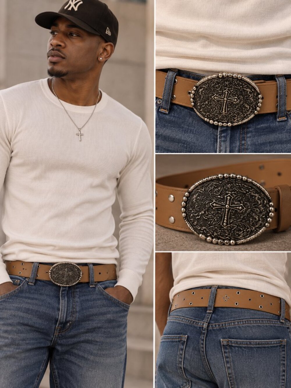 Illuma Man Men's Belt Tan Studded Western Cross Oval Buckle Sz40/42